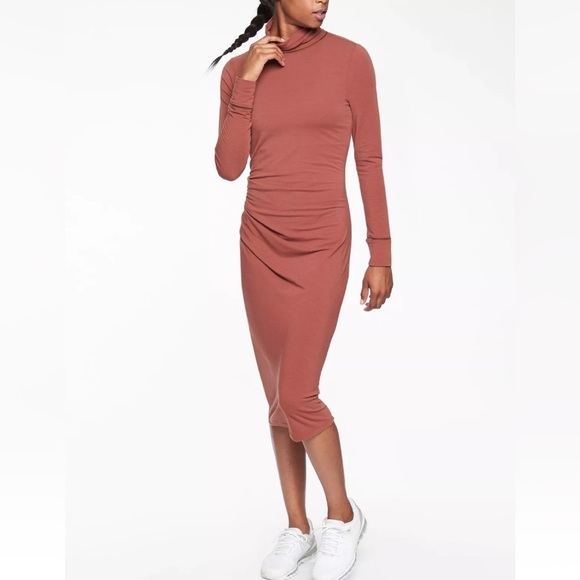 ATHLETA INDUSTRY TURTLENECK DRESS STRETCH RUCHED SIDE BODYCON BROWN SIZE S - Picture 1 of 16